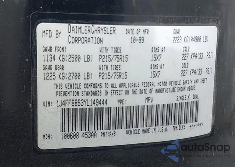 2000 Jeep Cherokee Limited z USA, uszkodzony, nr VIN 1J4FF68S3YL149444